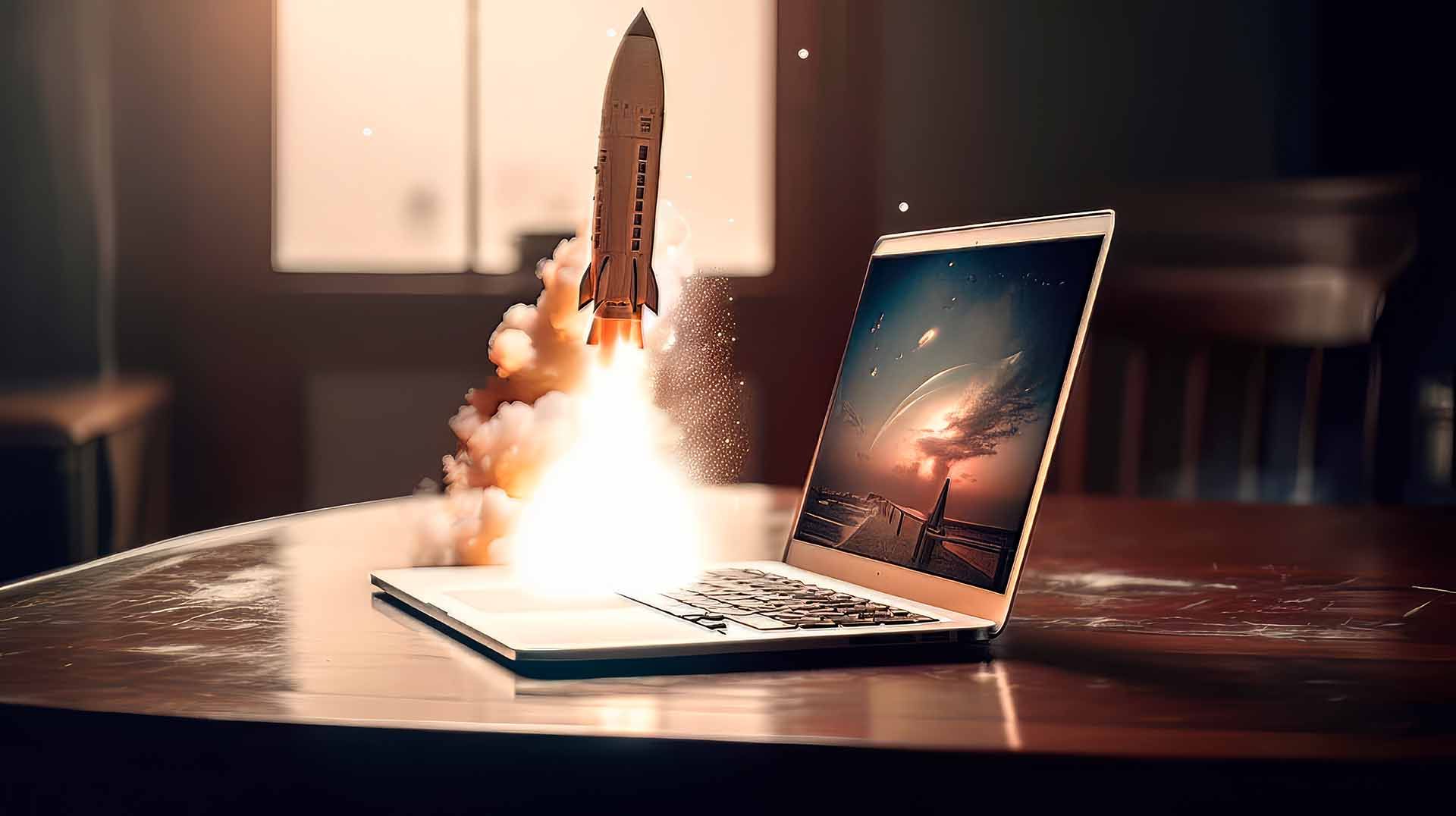 Foguete decolando de um notebook sobre a mesa